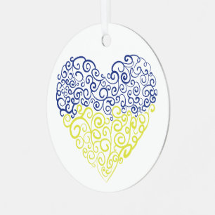 Spiral swirls mehandi heart Ukrainian flag colours Metal Ornament