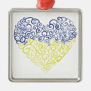 Spiral swirls mehandi heart Ukrainian flag colours Metal Ornament