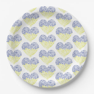 Spiral swirls mehandi heart Ukrainian flag colours Paper Plate