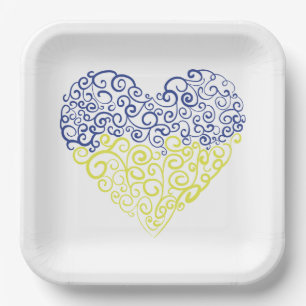 Spiral swirls mehandi heart Ukrainian flag colours Paper Plate