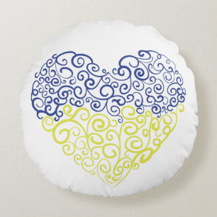 Spiral swirls mehandi heart Ukrainian flag colours Round Pillow