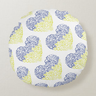 Spiral swirls mehandi heart Ukrainian flag colours Round Pillow