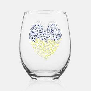 Spiral swirls mehandi heart Ukrainian flag colours Stemless Wine Glass