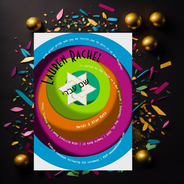 Spiral Text Wonky Circles White Star of David Invitation (Creator Uploaded)