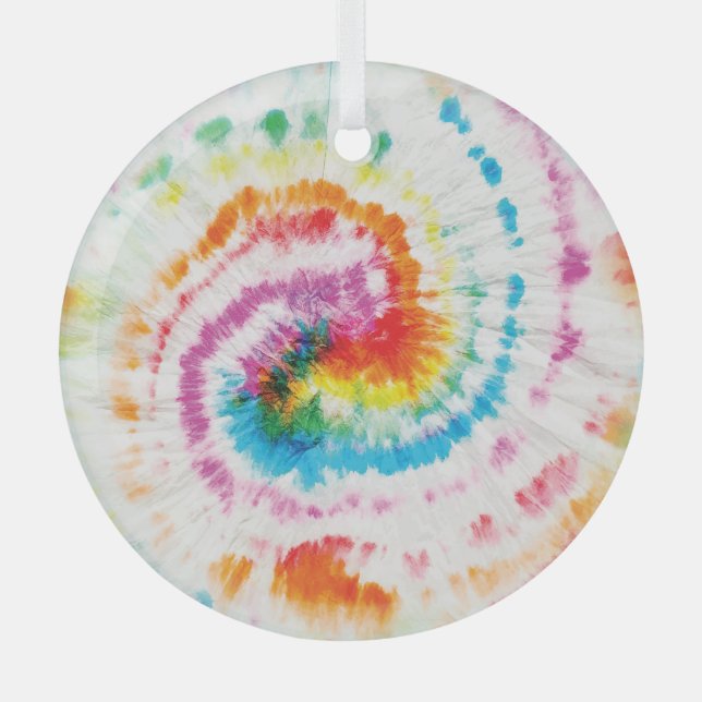 Spiral tie-dye, rainbow swirl pattern glass ornament (Front)
