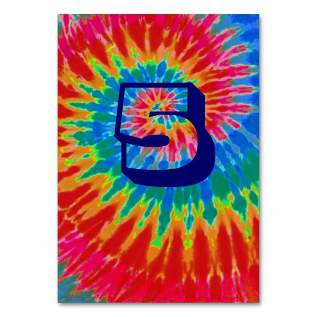 Spiral Tie Dye Wedding Table Five Table Number (Front)