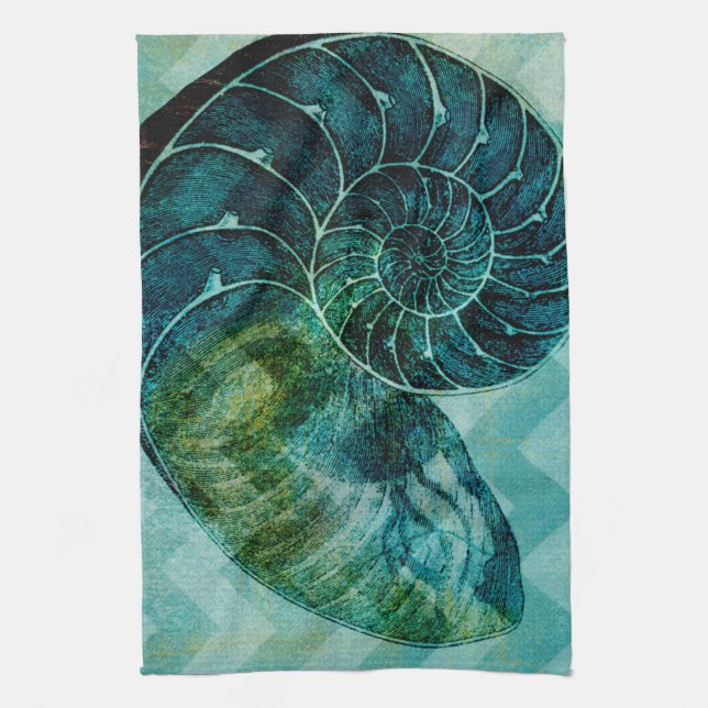 Spiral Turquoise Conch Shell Kitchen Towel (Vertical)