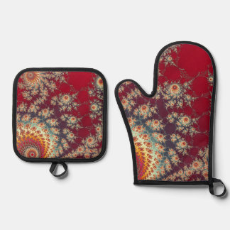 Spiralling Floral Pattern Oven Mitt & Pot Holder Set