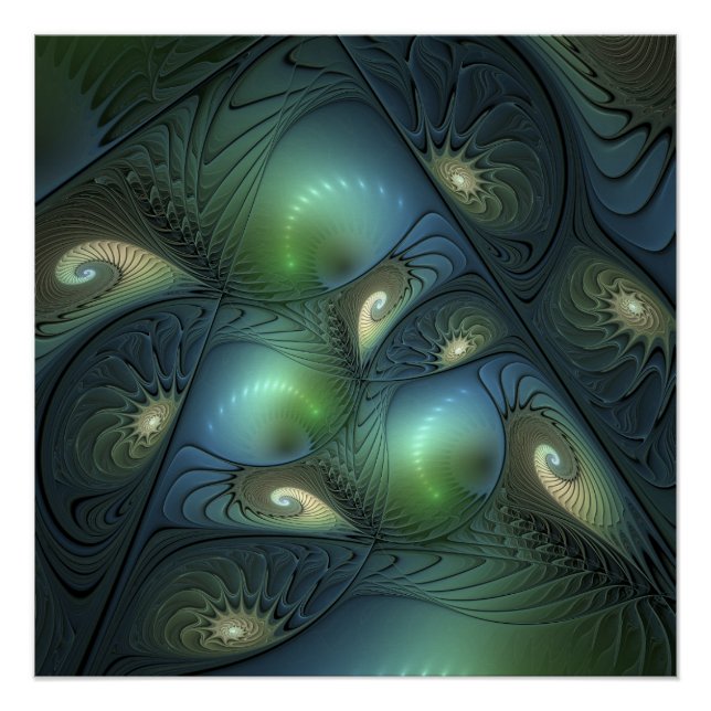 Spirals Beige Green Turquoise Abstract Fractal Art Poster (Front)