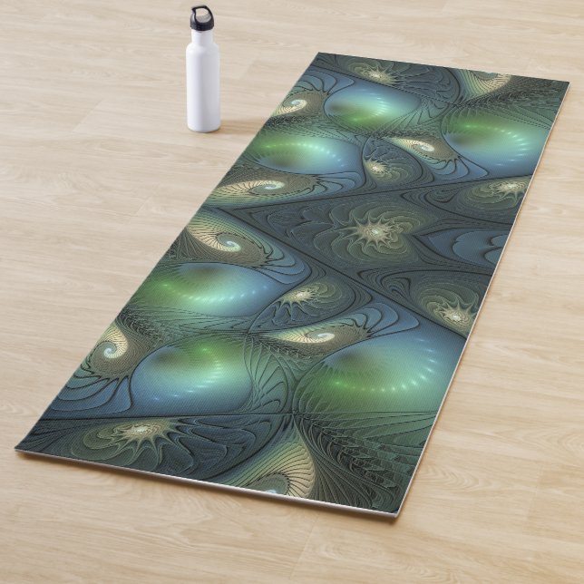 Spirals Beige Green Turquoise Abstract Fractal Art Yoga Mat (In Situ)