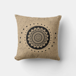 Spirals Dots and Flowers Black Henna Mandala Throw Pillow