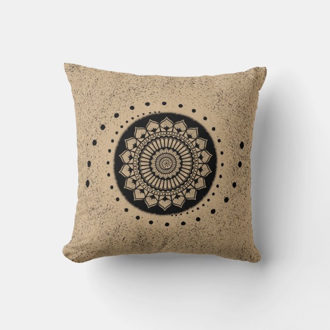 Spirals Dots and Flowers Black Henna Mandala Throw Pillow (Front)