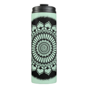 Spirals Dots Flowers Green Black Henna Mandala Thermal Tumbler