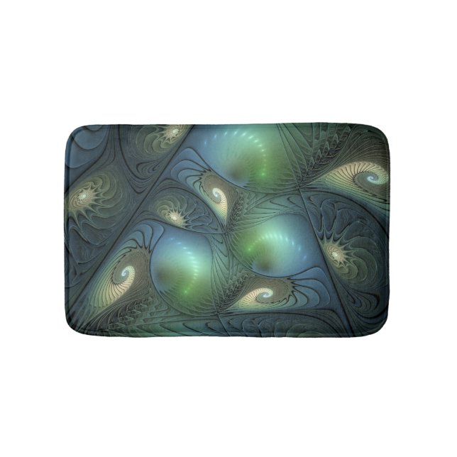 Spirals Teal Beige Green Abstract Fractal Art Bath Mat (Front)