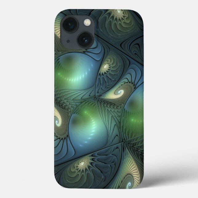 Spirals Teal Beige Green Abstract Fractal Art Case-Mate iPhone Case (Back)