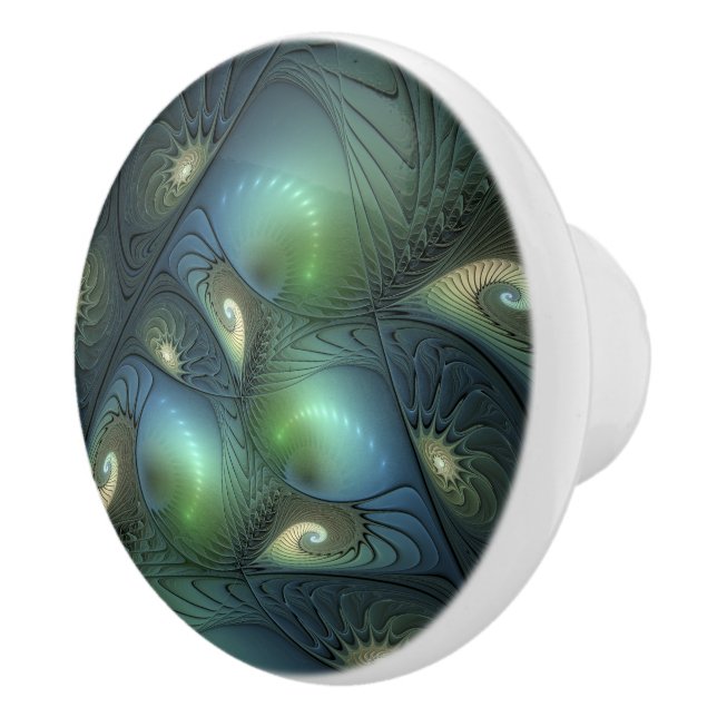 Spirals Teal Beige Green Abstract Fractal Art Ceramic Knob (Right)