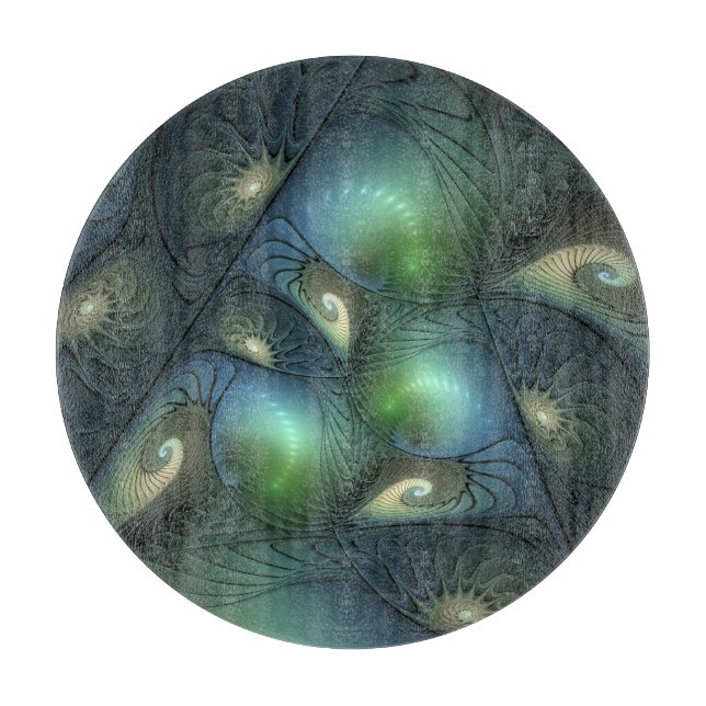 Spirals Teal Beige Green Abstract Fractal Art Cutting Board (Front)
