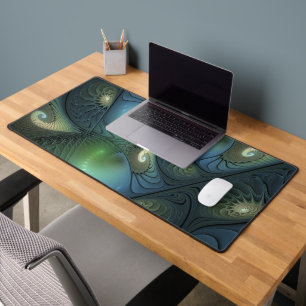 Spirals Teal Beige Green Abstract Fractal Art Desk Mat
