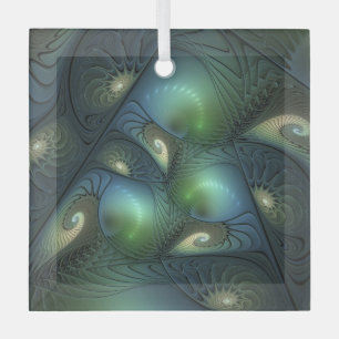 Spirals Teal Beige Green Abstract Fractal Art Glass Ornament