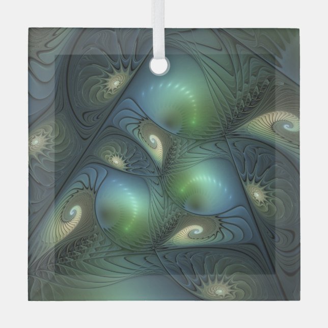 Spirals Teal Beige Green Abstract Fractal Art Glass Ornament (Front)