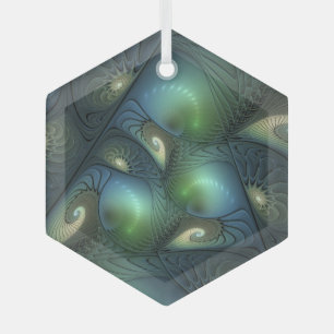 Spirals Teal Beige Green Abstract Fractal Art Glass Ornament