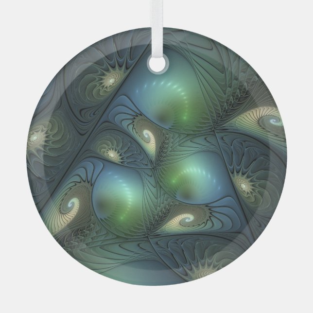 Spirals Teal Beige Green Abstract Fractal Art Glass Ornament (Front)
