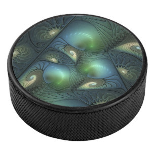 Spirals Teal Beige Green Abstract Fractal Art Hockey Puck