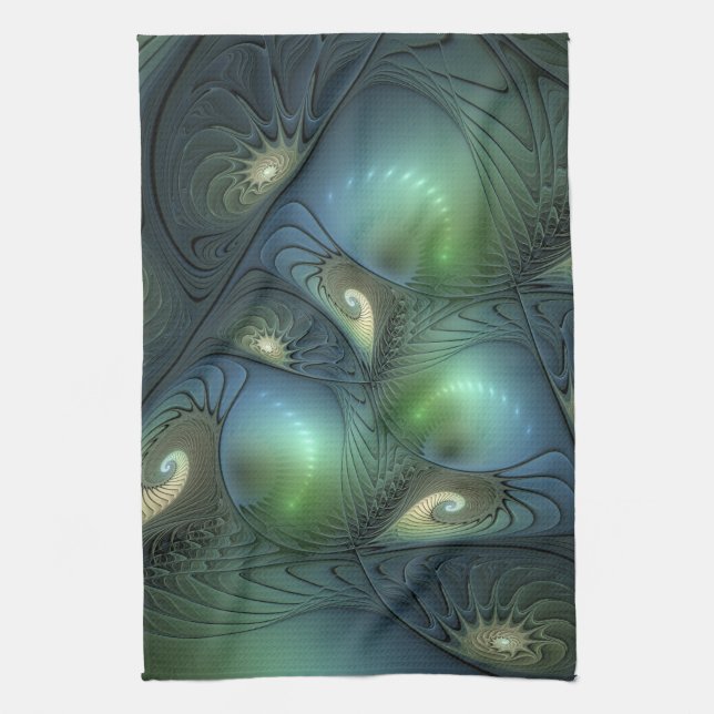 Spirals Teal Beige Green Abstract Fractal Art Kitchen Towel (Vertical)