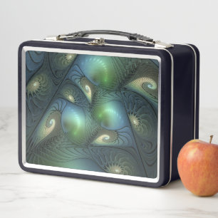 Spirals Teal Beige Green Abstract Fractal Art Metal Lunch Box