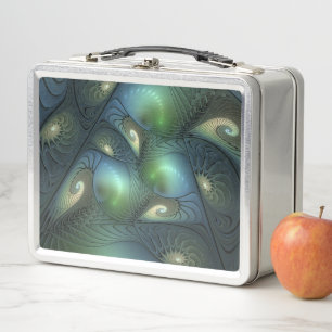 Spirals Teal Beige Green Abstract Fractal Art Metal Lunch Box