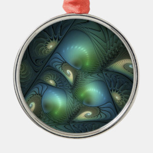 Spirals Teal Beige Green Abstract Fractal Art Metal Ornament