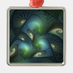 Spirals Teal Beige Green Abstract Fractal Art Metal Ornament