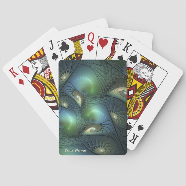 Spirals Teal Beige Green Abstract Fractal Art Name Playing Cards (Back)