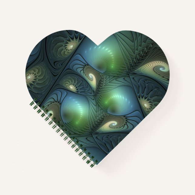 Spirals Teal Beige Green Abstract Fractal Art Notebook (Front)