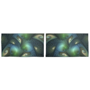 Spirals Teal Beige Green Abstract Fractal Art Pillowcase