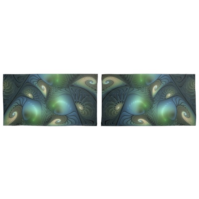 Spirals Teal Beige Green Abstract Fractal Art Pillowcase (Front-Set)