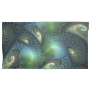 Spirals Teal Beige Green Abstract Fractal Art Pillowcase