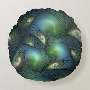 Spirals Teal Beige Green Abstract Fractal Art Round Pillow