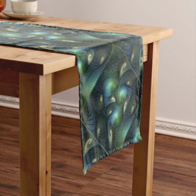 Spirals Teal Beige Green Abstract Fractal Art Short Table Runner (In Situ)