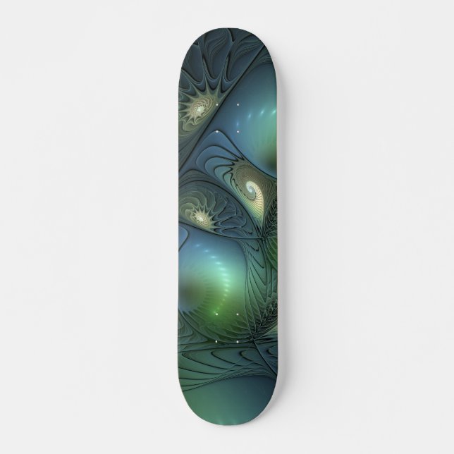 Spirals Teal Beige Green Abstract Fractal Art Skateboard (Front)