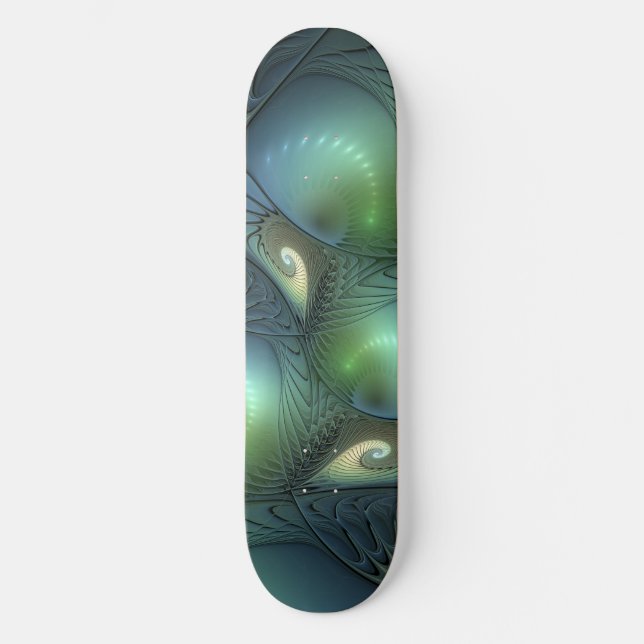 Spirals Teal Beige Green Abstract Fractal Art Skateboard (Front)