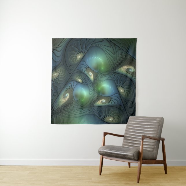 Spirals Teal Beige Green Abstract Fractal Art Tapestry (In Situ)