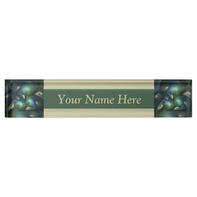 Spirals Teal Beige Green Abstract Fractal Art Text Nameplate (Front)