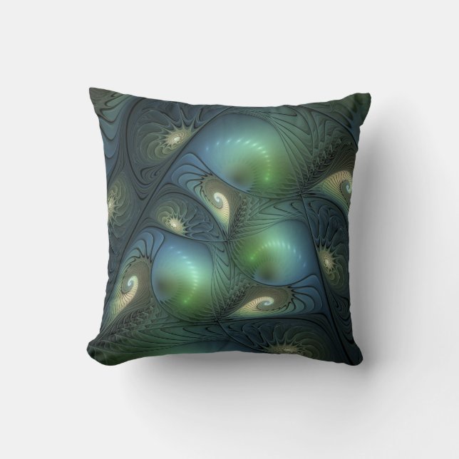 Spirals Teal Beige Green Abstract Fractal Art Throw Pillow (Front)