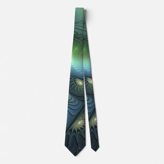 Spirals Teal Beige Green Abstract Fractal Art Tie (Front)