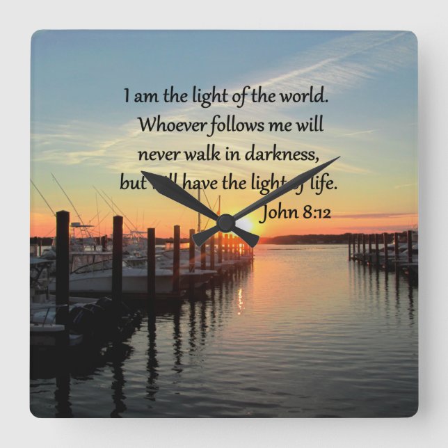 SPIRIT FILLED JOHN 8;12 SCRIPTURE DESIGN SQUARE WALL CLOCK (Front)