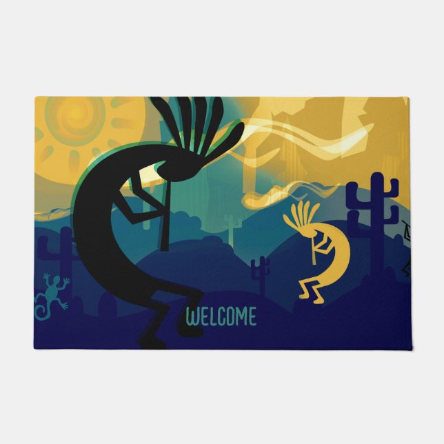 Spirit of Kokopelli Desert Landscape Teal  Doormat (Front)