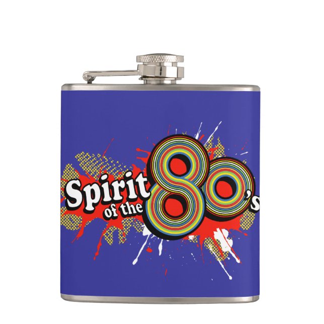 Spirit of the 80's logo splat blue hip flask (Front)