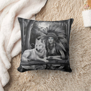 Spirit of the Wild: Indian Woman and Wolf Throw Pillow