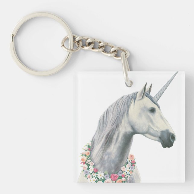 Spirit Unicorn with Flowers Around Neck Keychain (Front)